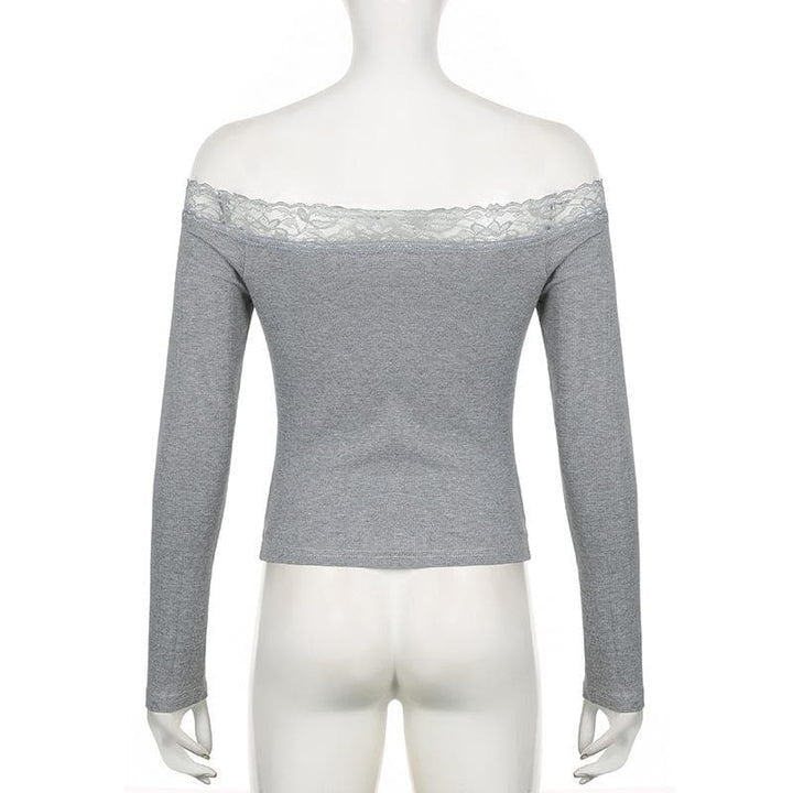 Long sleeve off shoulder ribbed heart pattern lace hem top  | Festival Outfits Women