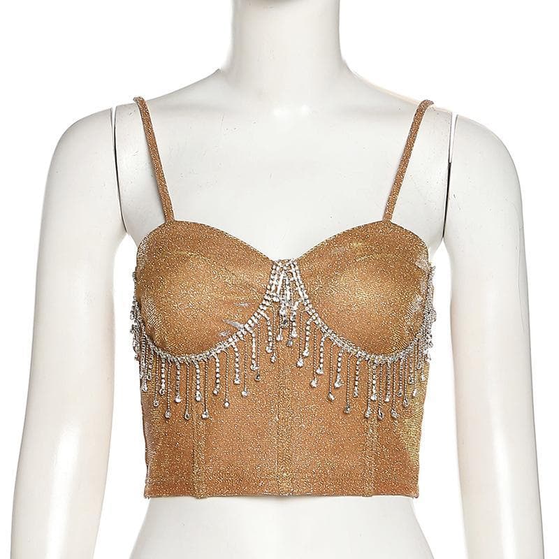 Tassel heart neck glitter cami crop top - Halibuy