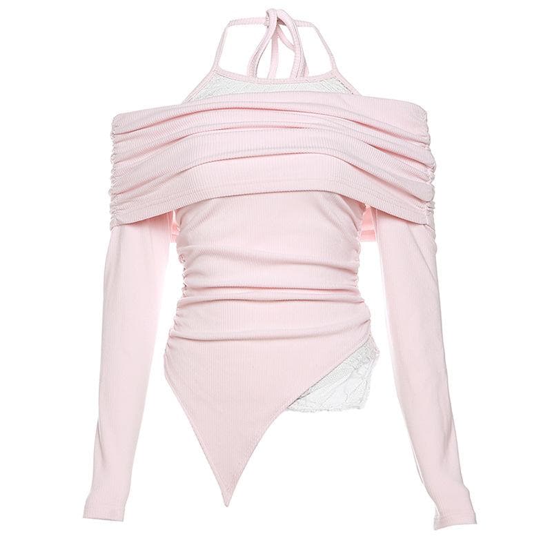 Ruched lace off shoulder halter long sleeve irregular top  | Festival Outfits Women