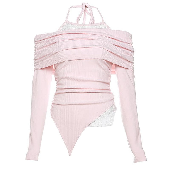 Ruched lace off shoulder halter long sleeve irregular top  | Festival Outfits Women