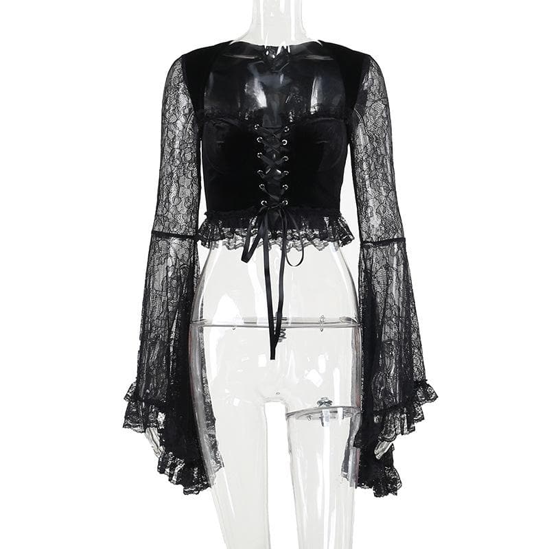 Long flared sleeve velvet lace patchwork ruffle lace up crop top  | Festival Outfits Women