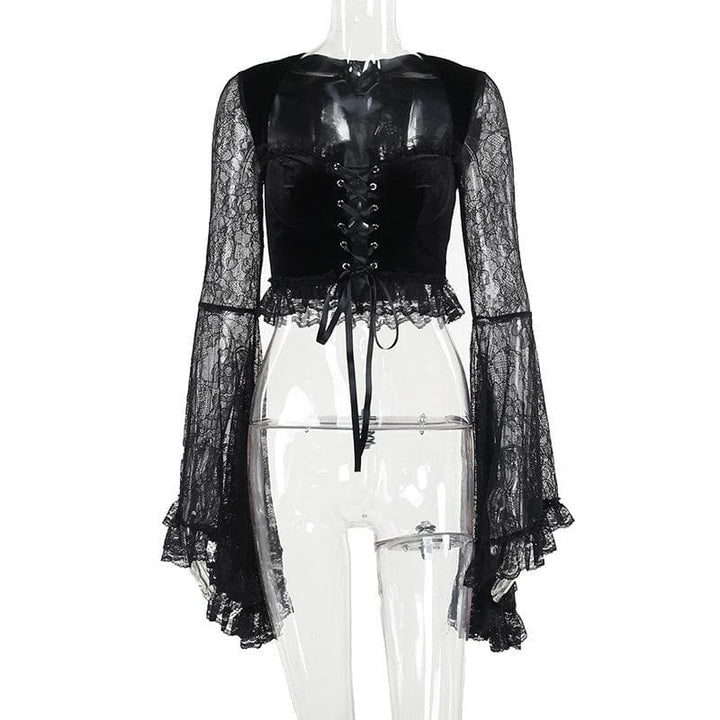 Long flared sleeve velvet lace patchwork ruffle lace up crop top  | Festival Outfits Women