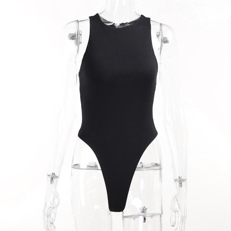 Double layered open back solid round neck sleeveless bodysuit