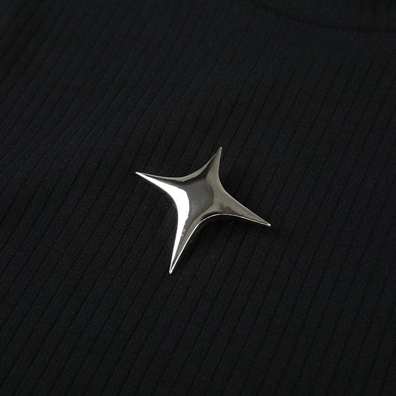 Star applique irregular sleeveless high neck crop top