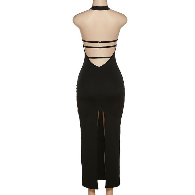 Halter backless slit solid sleeveless hollow out cut out maxi dress