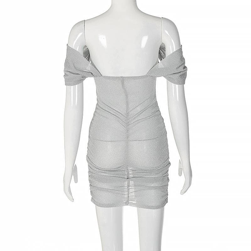 Corset off shoulder textured ruched see through mini dress  | Festival Outfits Women