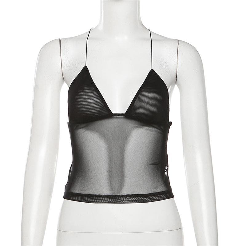 Sheer mesh butterfly applique see through backless solid top  | Festival Outfits Women