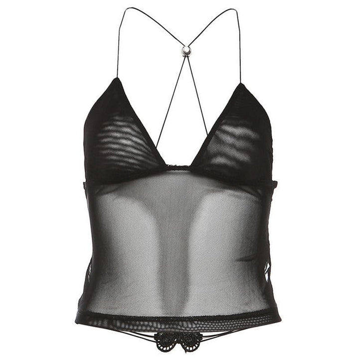Sheer mesh butterfly applique see through backless solid top  | Festival Outfits Women