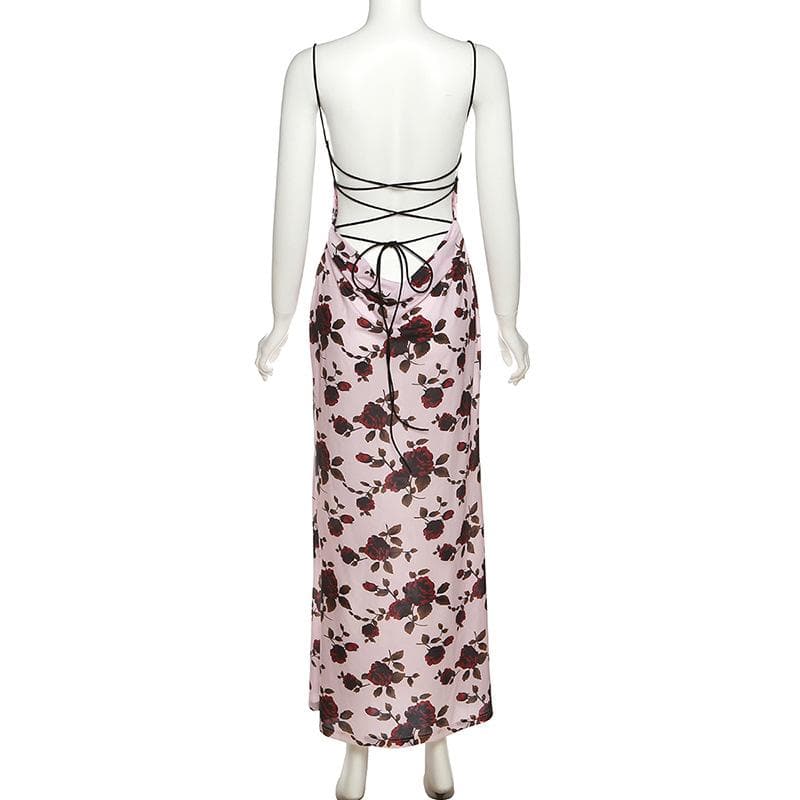 Flower print low cut spaghetti strap contrast lace up backless midi dr Halibuy Flower print low cut spaghetti strap contrast lace up backless midi dr Halibuy