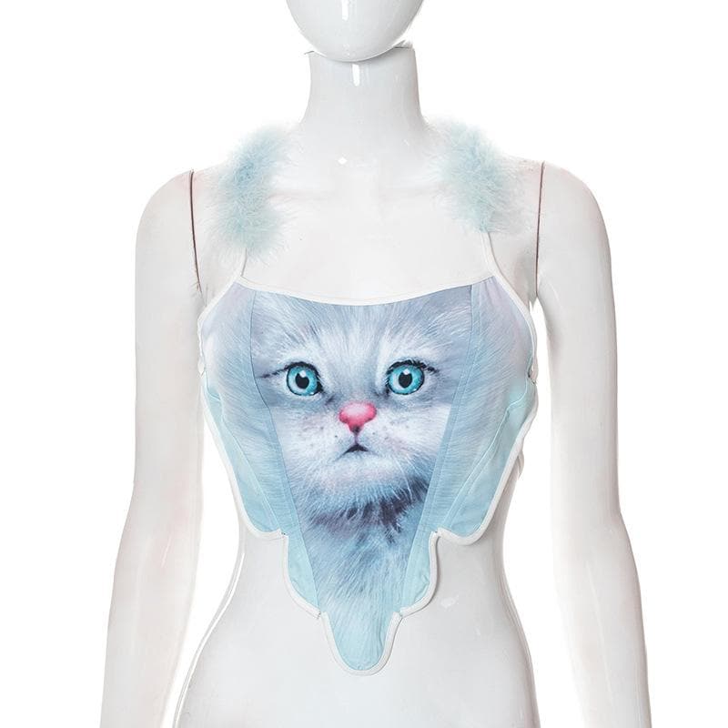 Cat print self tie open back feather halter crop top