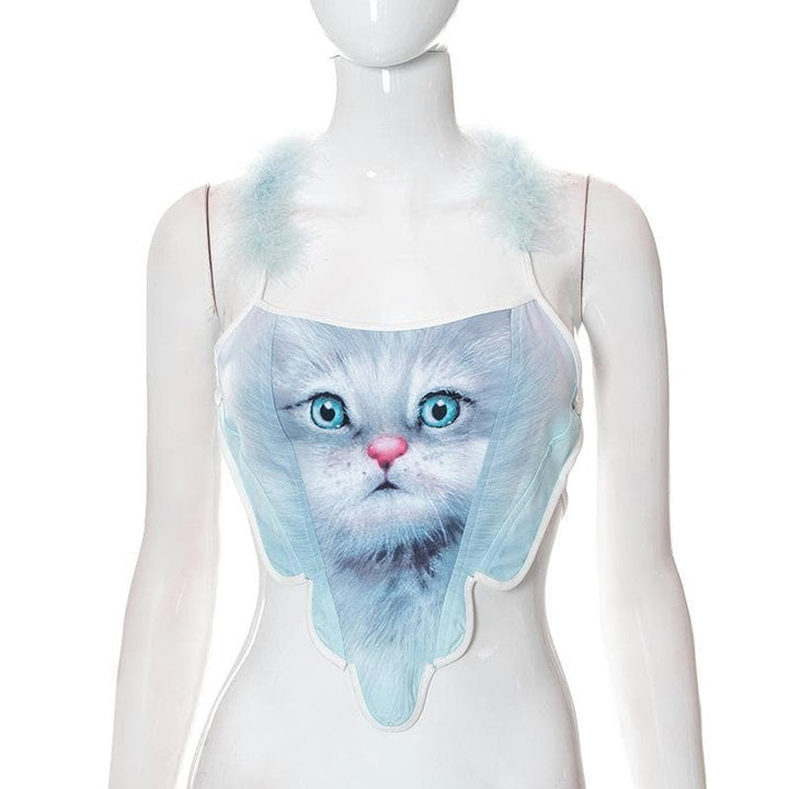 Cat print self tie open back feather halter crop top