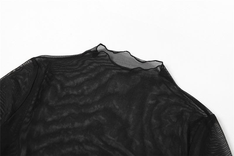 Long sleeve mesh high neck ruffle self tie solid 2 piece crop top | Mesh Long Sleeve Crop Top
