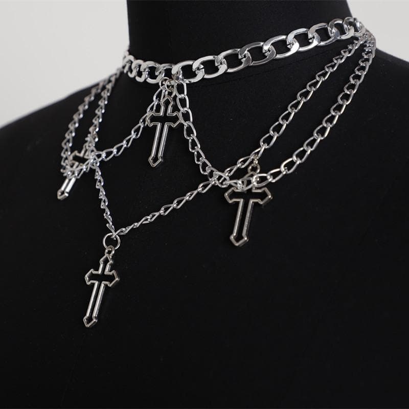 Cross pendant layered choker necklace