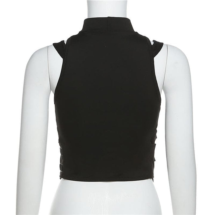 Hollow out high neck corset sleeveless zip-up crop cut out top