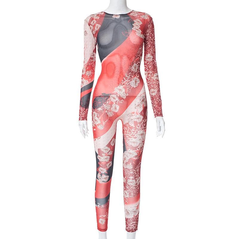 Contrast print zip-up long sleeve sheer mesh see through jumpsuit  | Festival Outfits Women