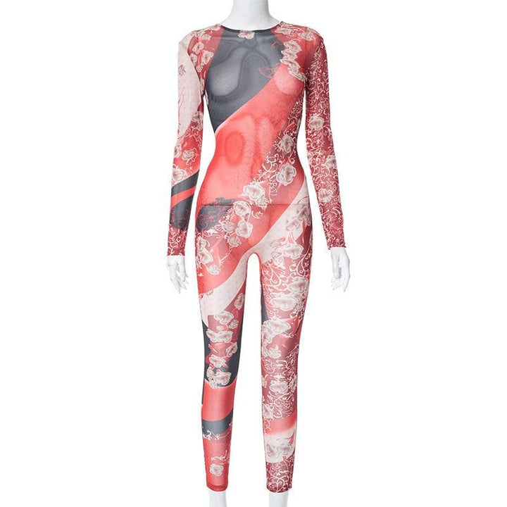 Contrast print zip-up long sleeve sheer mesh see through jumpsuit  | Festival Outfits Women