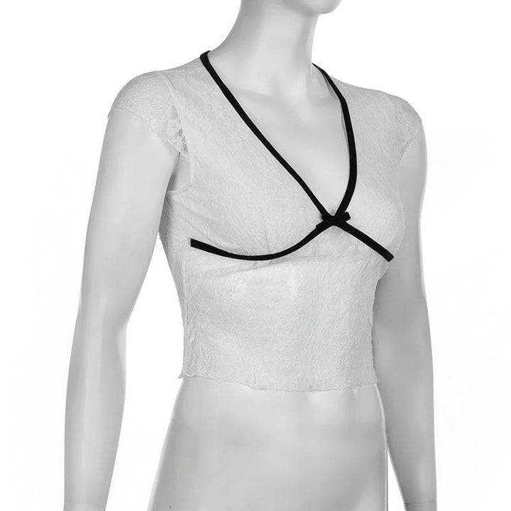 Lace contrast v neck cap sleeve bowknot ruffle crop top  | Festival Outfits Women