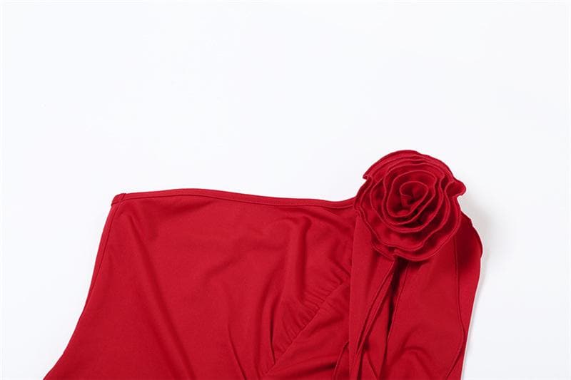 One shoulder flower applique ruched ruffle solid backless mini dress  | Festival Outfits Women