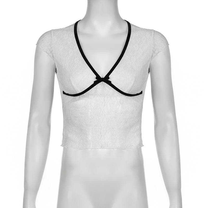 Lace contrast v neck cap sleeve bowknot ruffle crop top  | Festival Outfits Women