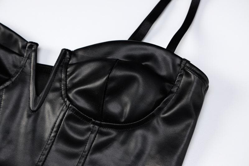 Mesh solid notch neck gloves PU leather slit cami backless mini skirt set Cargo Mini Skirt