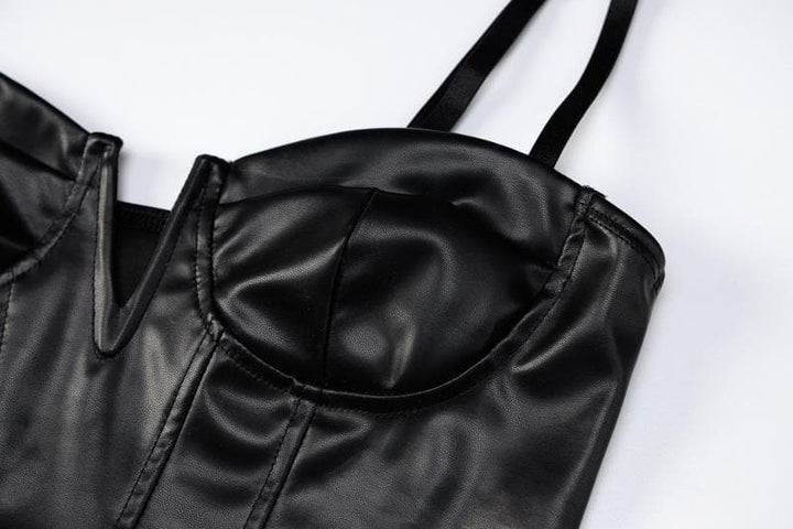 Mesh solid notch neck gloves PU leather slit cami backless mini skirt set Cargo Mini Skirt