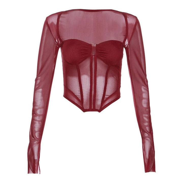 Corset mesh long sleeve solid ruched square neck crop top | Mesh Long Sleeve Crop Top  | Festival Outfits Women