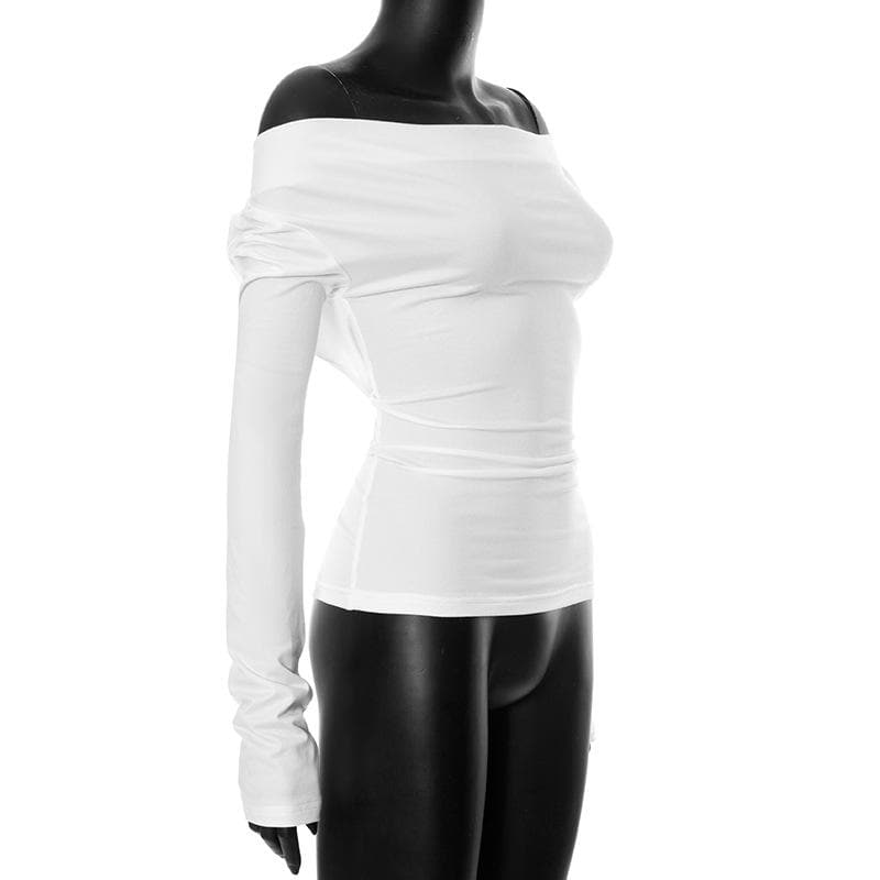 Self tie backless off shoulder ruched long sleeve solid top