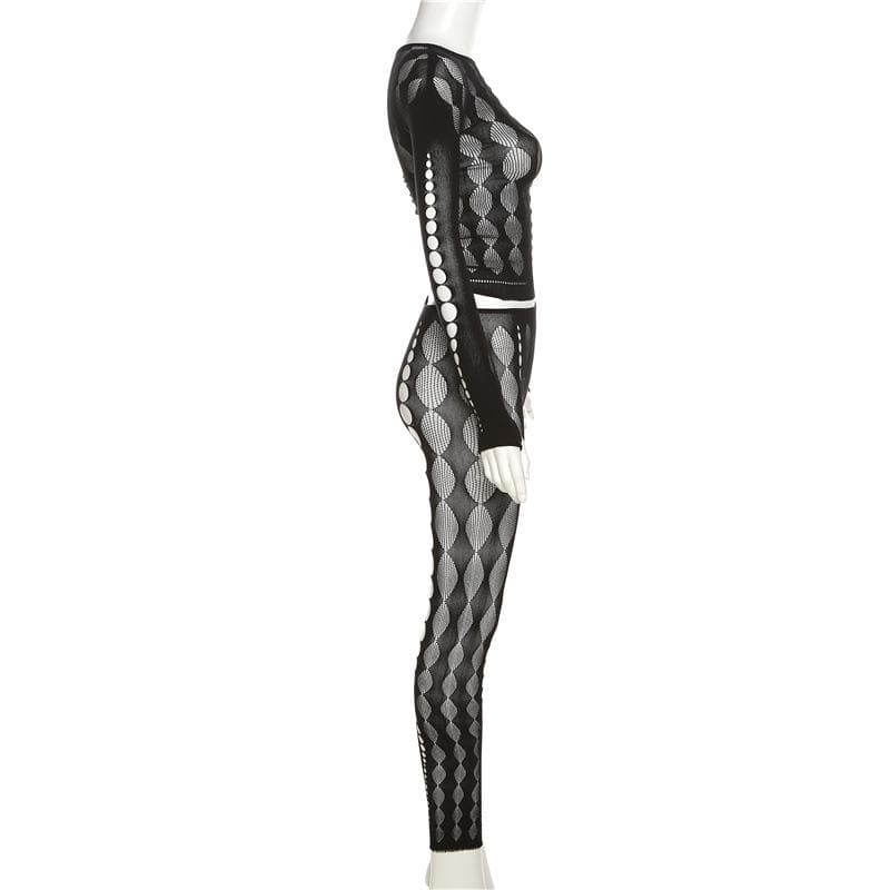 Fishnet long sleeve hollow out see through gloves solid pant set-final-sale