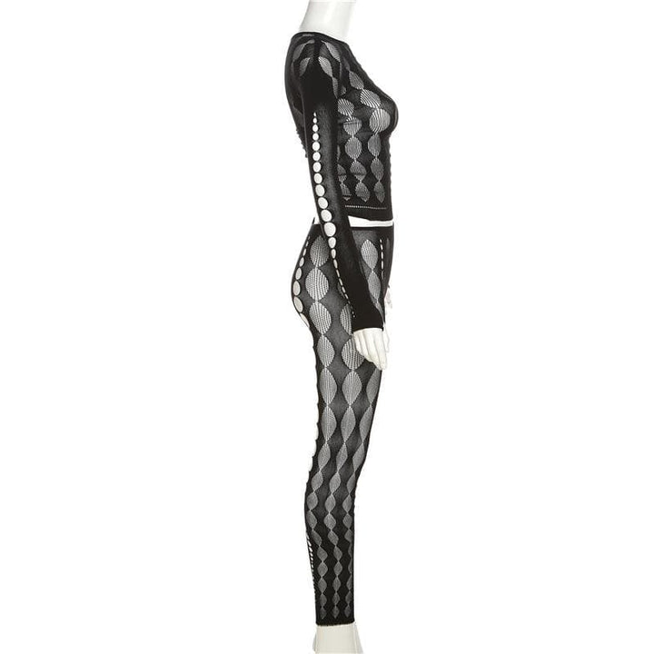 Fishnet long sleeve hollow out see through gloves solid pant set-final-sale