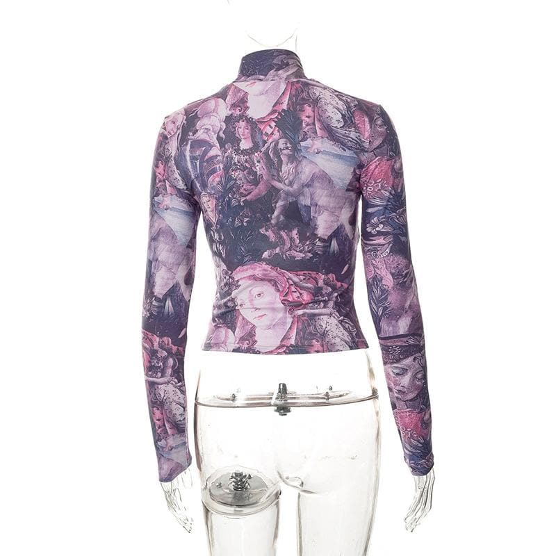 Long sleeve high neck abstract print contrast crop top