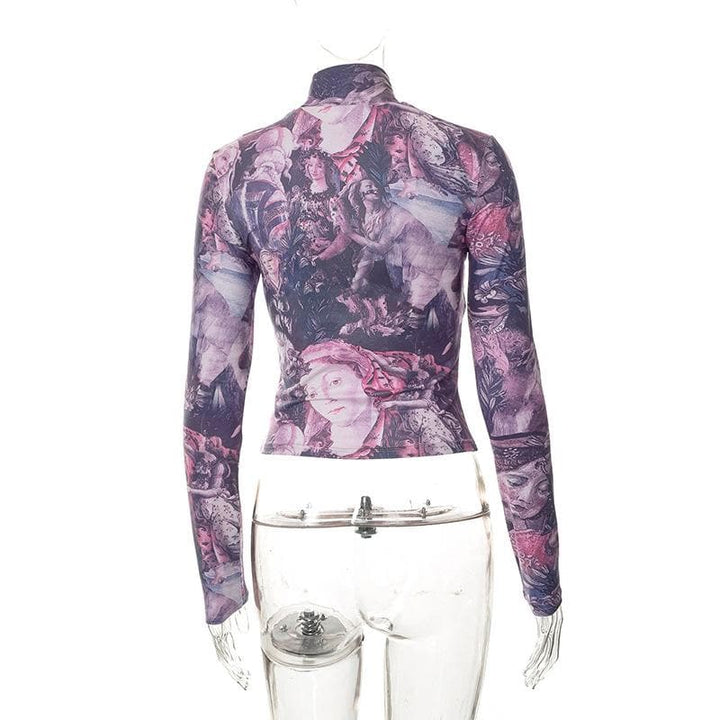 Long sleeve high neck abstract print contrast crop top