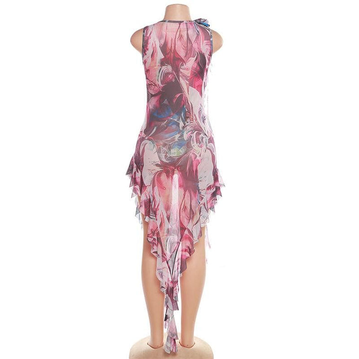 Sheer mesh see through abstract print contrast ruffle sleeveless maxi dress-final-sale