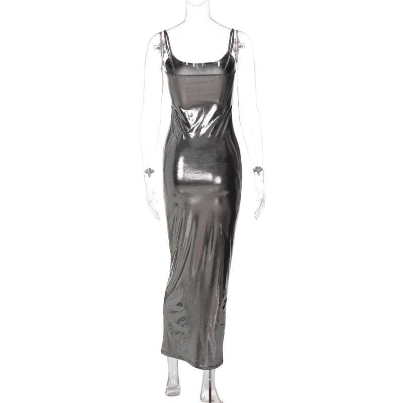 Metallic square neck backless cami maxi dress-final-sale