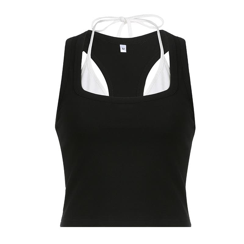 Patchwork contrast halter sleeveless crop top - Final Sale