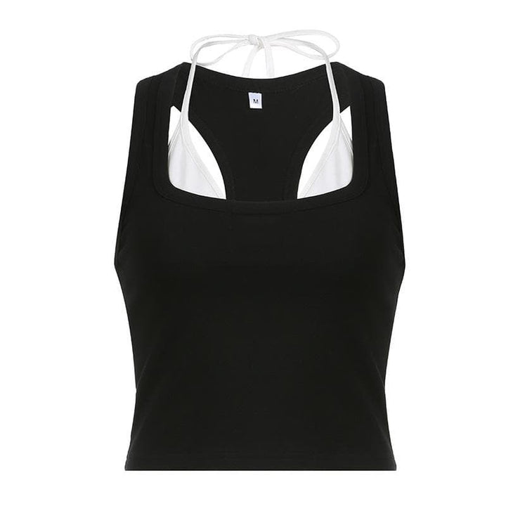 Patchwork contrast halter sleeveless crop top - Final Sale