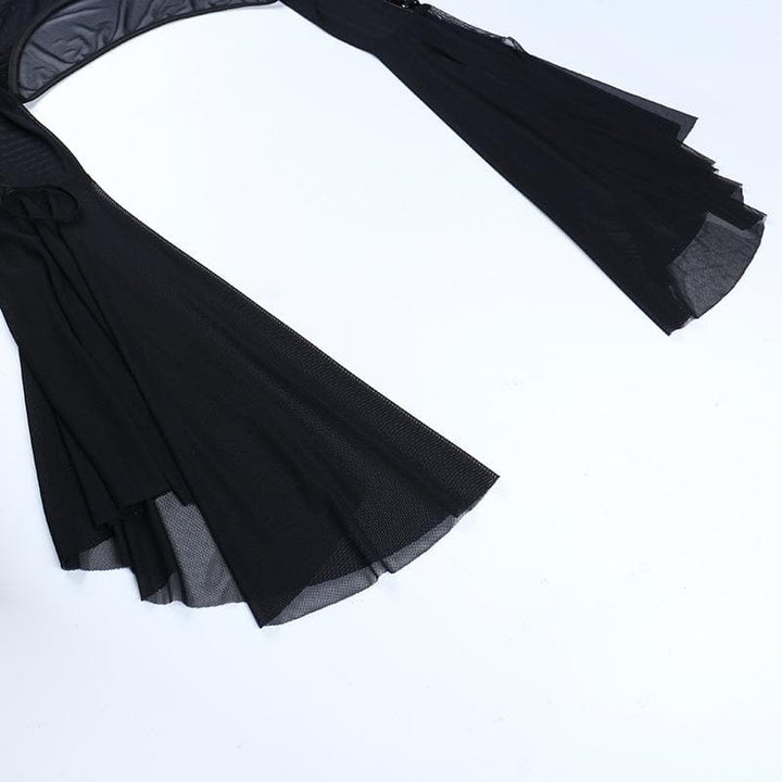 Flared sleeve o ring sheer mesh lace up shrug high neck top