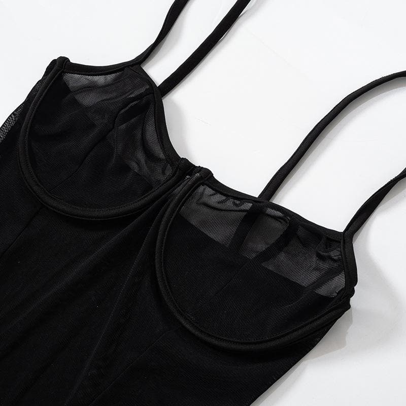 Sheer mesh see through solid low cut cami mini dress-final-sale