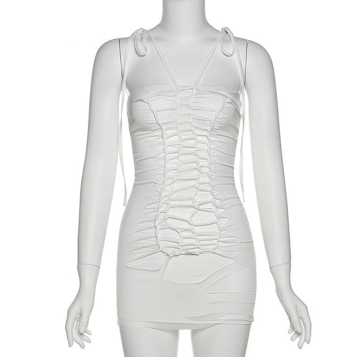 Backless hollow out self tie solid cami mini dress - Final Sale