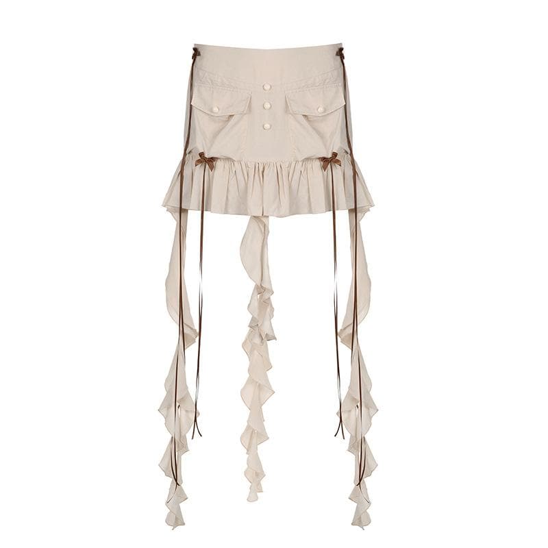 Ruffle ribbon zip-up bowknot button pocket mini skirt  | Festival Outfits Women