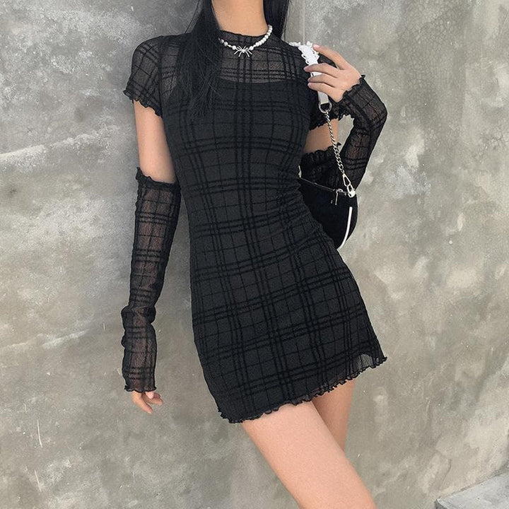 Ruffled mesh plaid long sleeve dress - Halibuy
