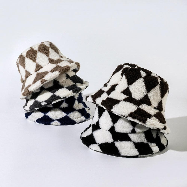 Plaid contrast fluffy fisherman bucket hat