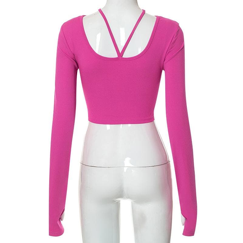 Ribbed cross front solid long sleeve gloves hollow out crop top-final-sale