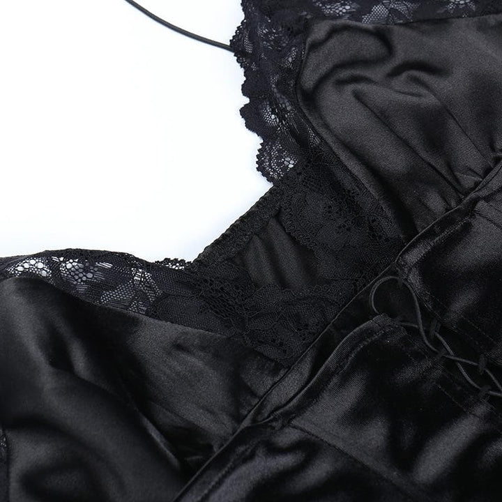 Lace hem solid v neck lace up corset sleeveless mini dress - Final Sale