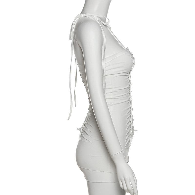 Backless hollow out self tie solid cami mini dress - Final Sale