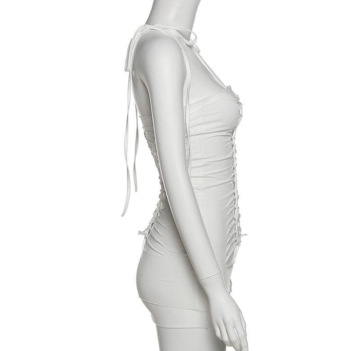 Backless hollow out self tie solid cami mini dress - Final Sale