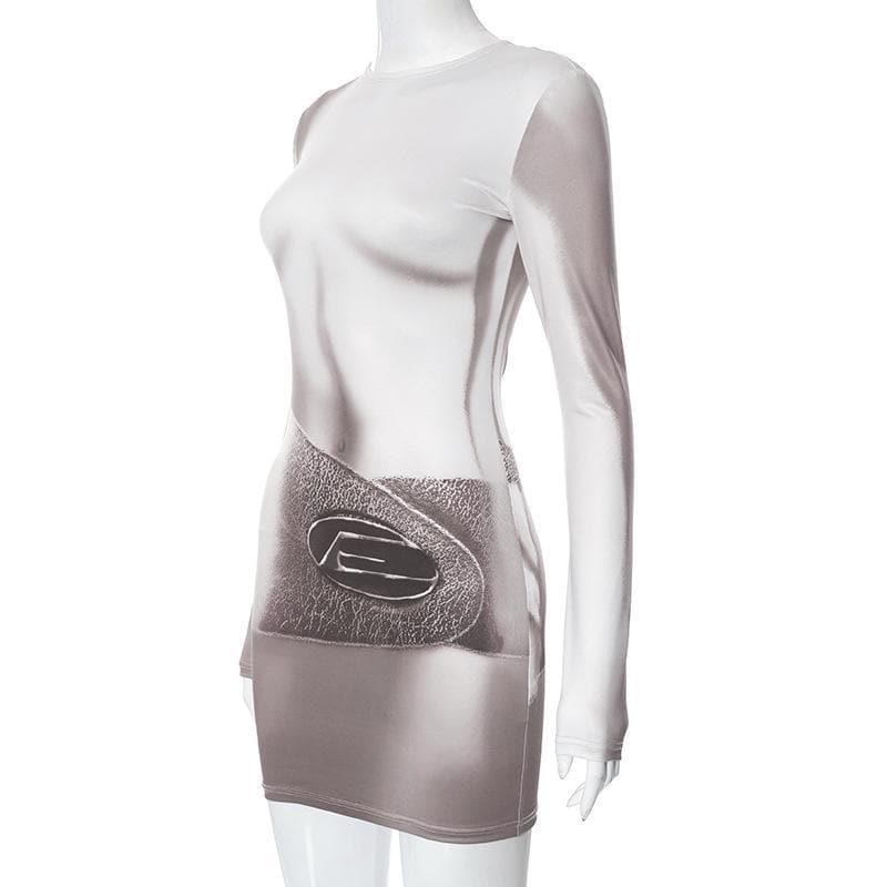 Long sleeve body print crewneck contrast mini dress