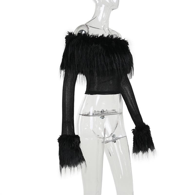 Furry patchwork off shoulder long sleeve solid top  | Festival Outfits Women