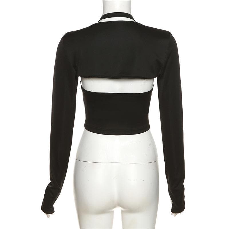 Hollow out halter solid gloves long sleeve crop top - Final Sale