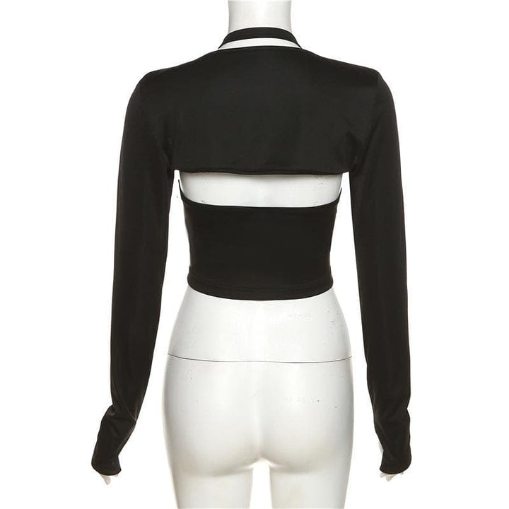 Hollow out halter solid gloves long sleeve crop top - Final Sale