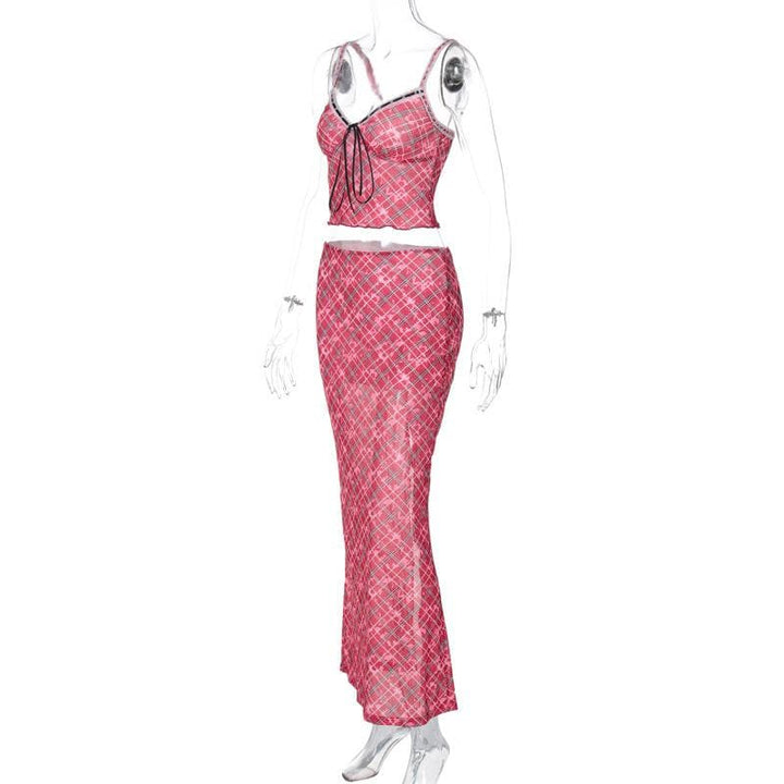Plaid contrast lace hem v neck slit cami maxi skirt set  | Festival Outfits Women
